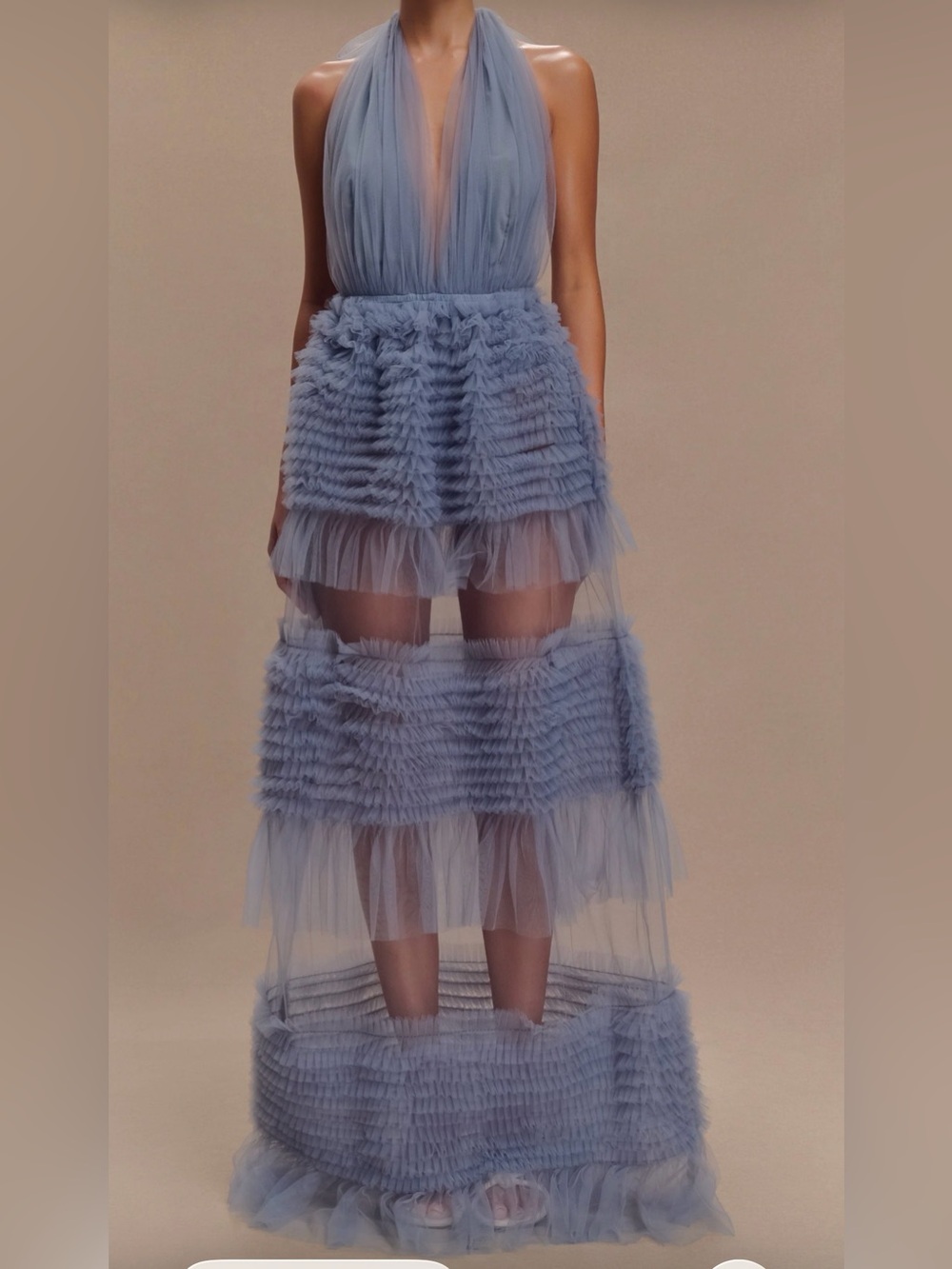 Meshki Dusty Blue Tiered Tulle Halter Wedding Dress